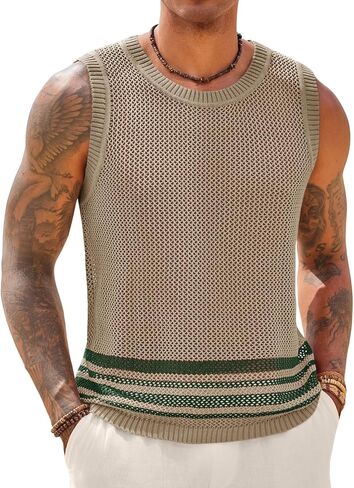 Runcati Mens Sleeveless Tank Tops Knitted Hollow Out Crochet T-Shirts Muscle Summer Beach Color Block Shirts in Saudi Arabia