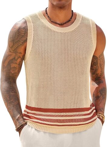 Runcati Mens Sleeveless Tank Tops Knitted Hollow Out Crochet T-Shirts Muscle Summer Beach Color Block Shirts in Saudi Arabia
