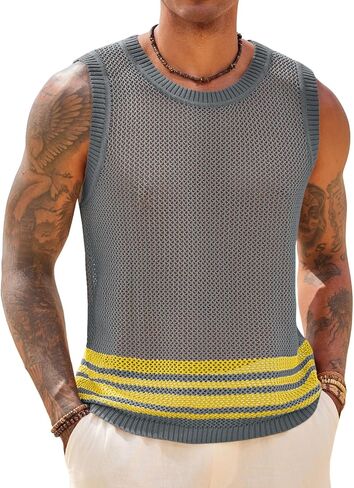 Runcati Mens Sleeveless Tank Tops Knitted Hollow Out Crochet T-Shirts Muscle Summer Beach Color Block Shirts in Saudi Arabia
