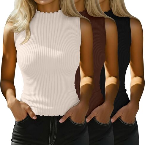Riyiper 3 Pack Women's Sleeveless Mock Turtlenecks Shirts Lettuce Trim Ribbed Knit Slim Summer Casual Tank Tops Basic Tees in Kuwait