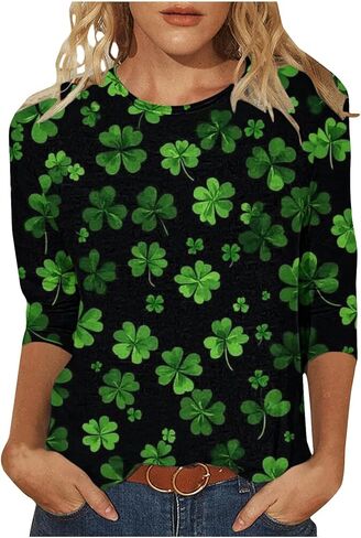 AQAYL St Patricks Day Shirt Women Funny Shamrocks Print Tops 3/4 Sleeve Casual Blouse Graphic Tee for Irish Holiday Party in Saudi Arabia