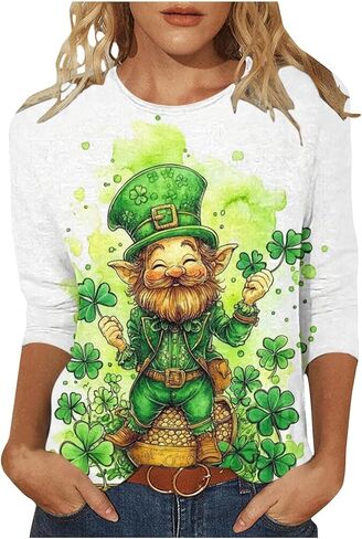 AQAYL St Patricks Day Shirt Women Funny Shamrocks Print Tops 3/4 Sleeve Casual Blouse Graphic Tee for Irish Holiday Party in Saudi Arabia