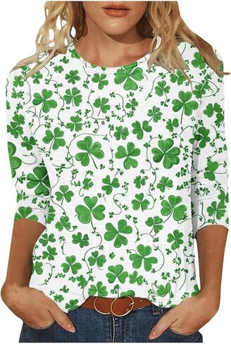 AQAYL St Patricks Day Shirt Women Funny Shamrocks Print Tops 3/4 Sleeve Casual Blouse Graphic Tee for Irish Holiday Party in Saudi Arabia