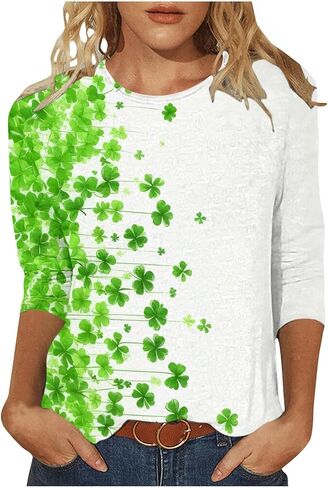 AQAYL St Patricks Day Shirt Women Funny Shamrocks Print Tops 3/4 Sleeve Casual Blouse Graphic Tee for Irish Holiday Party in Saudi Arabia