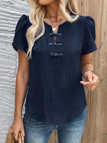SweatyRocks Women's Fall Short Sleeve Blouses Vintage Chinese Frog Button Shirts for Women in Saudi Arabia