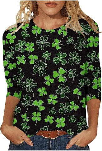 AQAYL St Patricks Day Shirt Women Funny Shamrocks Print Tops 3/4 Sleeve Casual Blouse Graphic Tee for Irish Holiday Party in Saudi Arabia