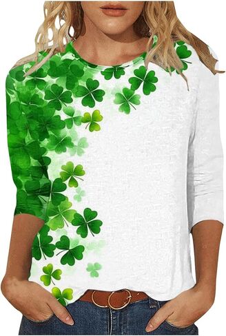 AQAYL St Patricks Day Shirt Women Funny Shamrocks Print Tops 3/4 Sleeve Casual Blouse Graphic Tee for Irish Holiday Party in Saudi Arabia