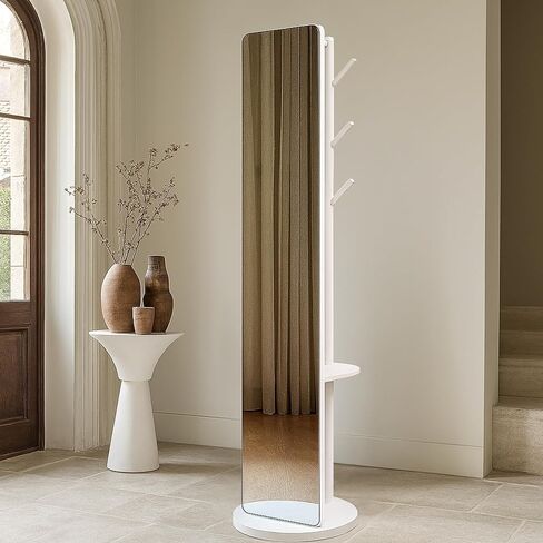 Novela Rotating Full Length Mirror with Coat Rack, 69 x 16 Inch, Solid Wood Construction, Storage Shelves with 5 Hooks, 360-Degree Swivel, Tempered Shatterproof Glass (Black) in Saudi Arabia