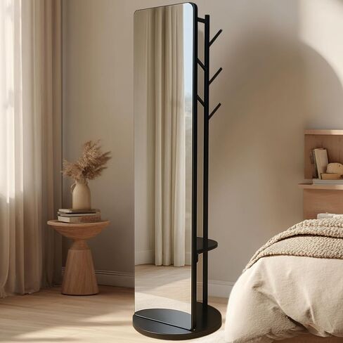 Novela Rotating Full Length Mirror with Coat Rack, 69 x 16 Inch, Solid Wood Construction, Storage Shelves with 5 Hooks, 360-Degree Swivel, Tempered Shatterproof Glass (Black) in Saudi Arabia