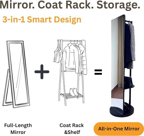 Novela Rotating Full Length Mirror with Coat Rack, 69 x 16 Inch, Solid Wood Construction, Storage Shelves with 5 Hooks, 360-Degree Swivel, Tempered Shatterproof Glass (Black) in Saudi Arabia