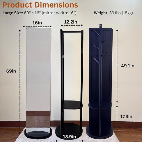 Novela Rotating Full Length Mirror with Coat Rack, 69 x 16 Inch, Solid Wood Construction, Storage Shelves with 5 Hooks, 360-Degree Swivel, Tempered Shatterproof Glass (Black) in Saudi Arabia