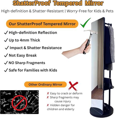 Novela Rotating Full Length Mirror with Coat Rack, 69 x 16 Inch, Solid Wood Construction, Storage Shelves with 5 Hooks, 360-Degree Swivel, Tempered Shatterproof Glass (Black) in Saudi Arabia