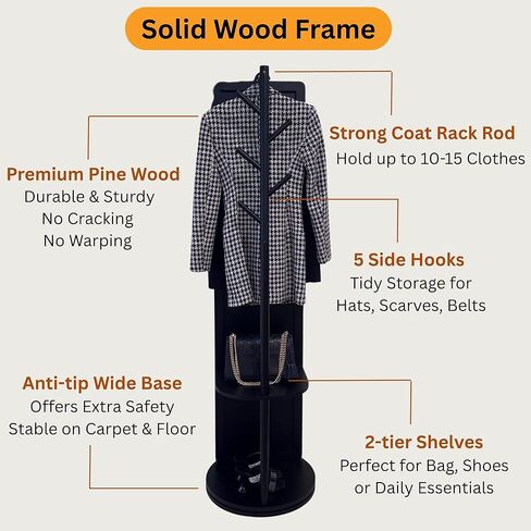 Novela Rotating Full Length Mirror with Coat Rack, 69 x 16 Inch, Solid Wood Construction, Storage Shelves with 5 Hooks, 360-Degree Swivel, Tempered Shatterproof Glass (Black) in Saudi Arabia