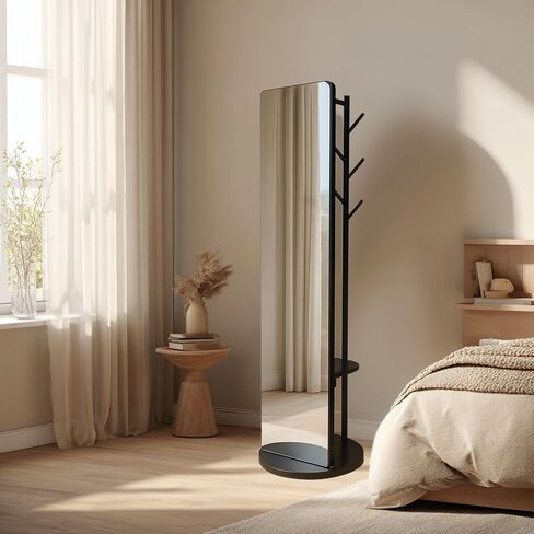 Novela Rotating Full Length Mirror with Coat Rack, 69 x 16 Inch, Solid Wood Construction, Storage Shelves with 5 Hooks, 360-Degree Swivel, Tempered Shatterproof Glass (Black) in Saudi Arabia