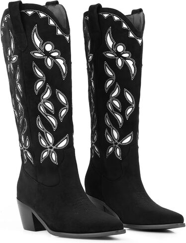 LingxiaUne Women’s Western Cowboy Boots – Symmetrical Red Butterfly Pattern High Shaft Boots with Wooden Heel in Kuwait