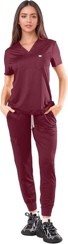الدعك للنساء - V -Neck Top & Stretty Jogger Pants Scrubs مجموعة مع 5 جيوب in Saudi Arabia