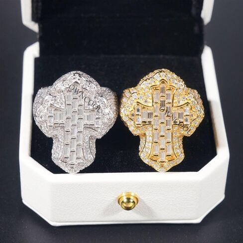 OWNCOOL Iced Out Diamond Baguette Cross Pinky Ring Cubic Zirconia Punky Hip Hop Rapper Style Band Ring Jewelry Gift for Men Women in Saudi Arabia