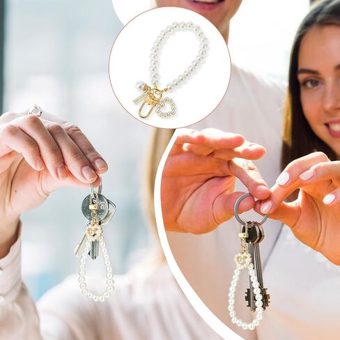 Teaaha Pearl Keychain Wristlet Golden Imitation Pearl Key Chain Women Cute Purse Charms Love Heart Pendant Girly Backpack Key Ring for Car Keys (Heart) in Saudi Arabia