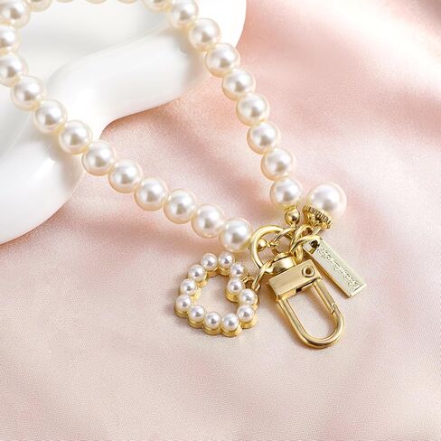 Teaaha Pearl Keychain Wristlet Golden Imitation Pearl Key Chain Women Cute Purse Charms Love Heart Pendant Girly Backpack Key Ring for Car Keys (Heart) in Saudi Arabia