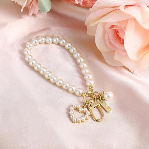 Teaaha Pearl Keychain Wristlet Golden Imitation Pearl Key Chain Women Cute Purse Charms Love Heart Pendant Girly Backpack Key Ring for Car Keys (Heart) in Saudi Arabia