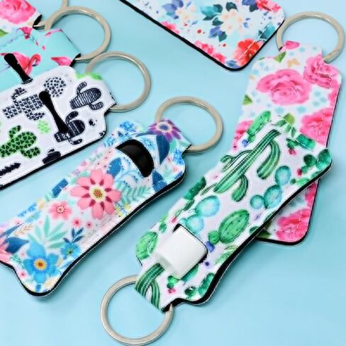 12PCS Fashion Cactus Floral Flower Pattern Chapstick Holder Keychain Lipstick Holder Clip-on Sleeve Pouch with Keychain for Travle Daily Life Use in Saudi Arabia