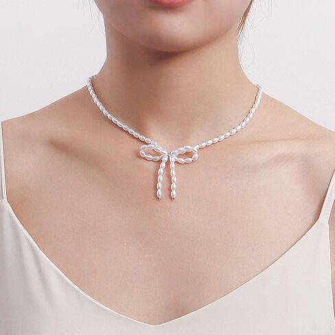 Vacaonio Vintage Bow Pearl Choker Necklace Pearl Bow Pendant Necklace White Pearl Necklace Chain Hollow Bow Necklace Pearl Bead Collar Necklace Bowknot Tie Necklace Jewelry for Women in Saudi Arabia