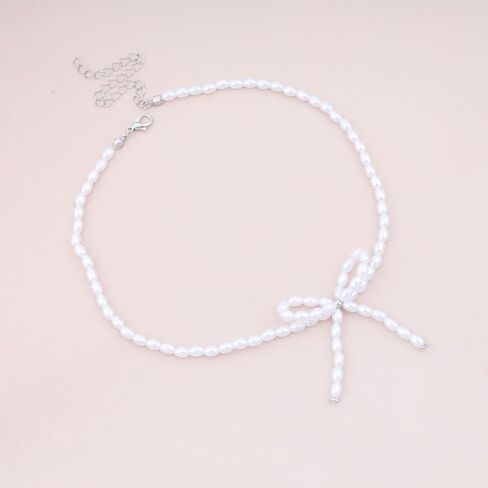 Vacaonio Vintage Bow Pearl Choker Necklace Pearl Bow Pendant Necklace White Pearl Necklace Chain Hollow Bow Necklace Pearl Bead Collar Necklace Bowknot Tie Necklace Jewelry for Women in Saudi Arabia