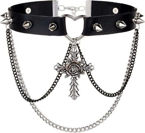 Qigfucm Gothic Punk Black Cross Necklace for Women, Handmade PU Leather Chain Choker with Spikes, Love Heart Leash Collar Adjustable Cross Pendant Jewelry in Saudi Arabia