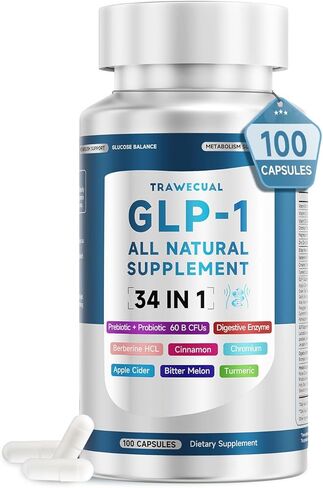 مكمل GLP-1، تركيبة 34 في 1 لدعم مستويات GLP1 الصحية والهضم وصحة الأمعاء، مع البربارين والبطيخ المر والقرفة والكركم والبروبيوتيك والبريبايوتكس والإنزيمات الهاضمة، 100 كبسولة in Kuwait