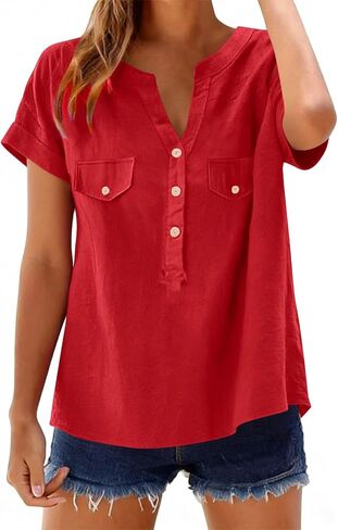 Summer Blouses For Women 2026 V Neck Button Down Short Sleeve Linen Shirts Dressy Casual Loose Fit Beach Cotton Tops in Saudi Arabia
