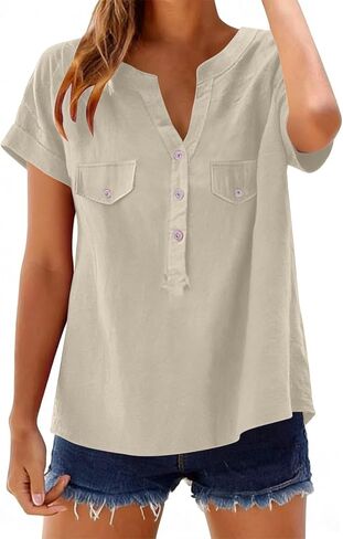 Summer Blouses For Women 2026 V Neck Button Down Short Sleeve Linen Shirts Dressy Casual Loose Fit Beach Cotton Tops in Saudi Arabia