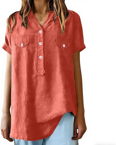 Summer Blouses For Women 2026 V Neck Button Down Short Sleeve Linen Shirts Dressy Casual Loose Fit Beach Cotton Tops in Saudi Arabia