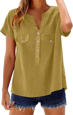 Summer Blouses For Women 2026 V Neck Button Down Short Sleeve Linen Shirts Dressy Casual Loose Fit Beach Cotton Tops in Saudi Arabia