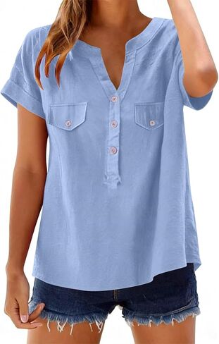 Summer Blouses For Women 2026 V Neck Button Down Short Sleeve Linen Shirts Dressy Casual Loose Fit Beach Cotton Tops in Saudi Arabia