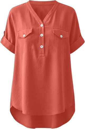 Summer Blouses For Women 2026 V Neck Button Down Short Sleeve Linen Shirts Dressy Casual Loose Fit Beach Cotton Tops in Saudi Arabia