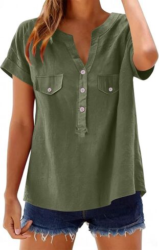 Summer Blouses For Women 2026 V Neck Button Down Short Sleeve Linen Shirts Dressy Casual Loose Fit Beach Cotton Tops in Saudi Arabia