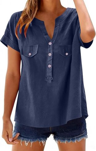 Summer Blouses For Women 2026 V Neck Button Down Short Sleeve Linen Shirts Dressy Casual Loose Fit Beach Cotton Tops in Saudi Arabia