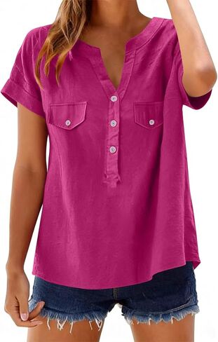 Summer Blouses For Women 2026 V Neck Button Down Short Sleeve Linen Shirts Dressy Casual Loose Fit Beach Cotton Tops in Saudi Arabia