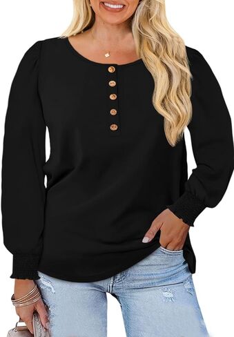 Beautife Womens Plus Size Henley Shirts Puff Long Sleeve Button Up Curvy Tops Loose Fit Casual Fall Blouse in Saudi Arabia