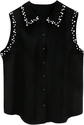 Verdusa Women's Plus Size Beaded Tops Pearl Button Down Dressy Blouse Sleeveless Collared Shirts in Saudi Arabia