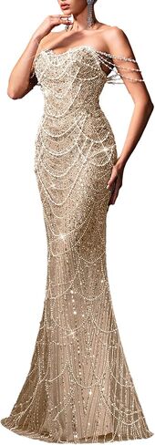 فستان سهرة رسمي نسائي من VOUIAO مزين باللؤلؤ، بدون حمالات، تنورة فستان وصيفة العروس لحفلات التخرج. in Kuwait