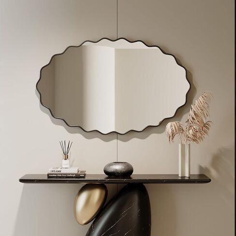 EVORALIS Elliptical Wavy Wall Mirror -22''×30'' Irregular Wall Mirror Decorative Aluminum Alloy Framed Mirrors Artistic Wavy Mirrors for Bathroom,Bedroom, Living Room, Cloakroom, Entryway（Black） in Saudi Arabia