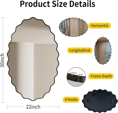 EVORALIS Elliptical Wavy Wall Mirror -22''×30'' Irregular Wall Mirror Decorative Aluminum Alloy Framed Mirrors Artistic Wavy Mirrors for Bathroom,Bedroom, Living Room, Cloakroom, Entryway（Black） in Saudi Arabia