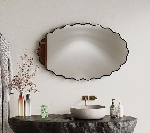 EVORALIS Elliptical Wavy Wall Mirror -22''×30'' Irregular Wall Mirror Decorative Aluminum Alloy Framed Mirrors Artistic Wavy Mirrors for Bathroom,Bedroom, Living Room, Cloakroom, Entryway（Black） in Saudi Arabia
