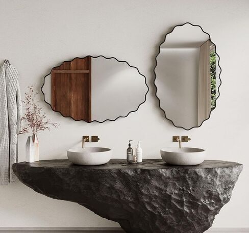 EVORALIS Elliptical Wavy Wall Mirror -22''×30'' Irregular Wall Mirror Decorative Aluminum Alloy Framed Mirrors Artistic Wavy Mirrors for Bathroom,Bedroom, Living Room, Cloakroom, Entryway（Black） in Saudi Arabia