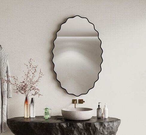 EVORALIS Elliptical Wavy Wall Mirror -22''×30'' Irregular Wall Mirror Decorative Aluminum Alloy Framed Mirrors Artistic Wavy Mirrors for Bathroom,Bedroom, Living Room, Cloakroom, Entryway（Black） in Saudi Arabia