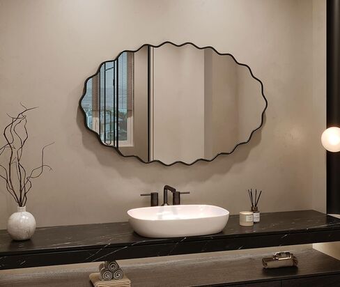 EVORALIS Elliptical Wavy Wall Mirror -22''×30'' Irregular Wall Mirror Decorative Aluminum Alloy Framed Mirrors Artistic Wavy Mirrors for Bathroom,Bedroom, Living Room, Cloakroom, Entryway（Black） in Saudi Arabia