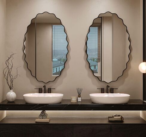 EVORALIS Elliptical Wavy Wall Mirror -22''×30'' Irregular Wall Mirror Decorative Aluminum Alloy Framed Mirrors Artistic Wavy Mirrors for Bathroom,Bedroom, Living Room, Cloakroom, Entryway（Black） in Saudi Arabia