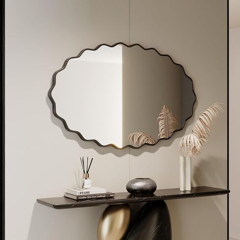 EVORALIS Elliptical Wavy Wall Mirror -22''×30'' Irregular Wall Mirror Decorative Aluminum Alloy Framed Mirrors Artistic Wavy Mirrors for Bathroom,Bedroom, Living Room, Cloakroom, Entryway（Black） in Saudi Arabia