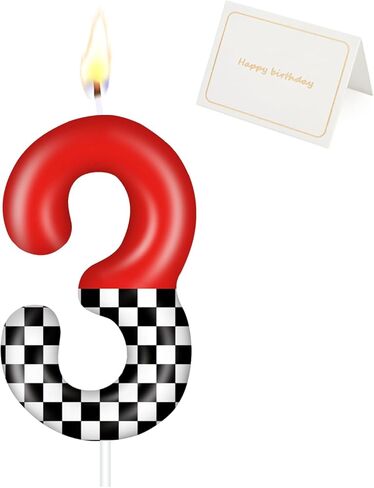 Racing Car Birthday Number Candle with Card, 2.4 inch Cake Topper for Race Car Party Decoration, White Black Checkered Number Candles for Racing-Themed Celebrations Supplies(Red，Number 3) in Saudi Arabia